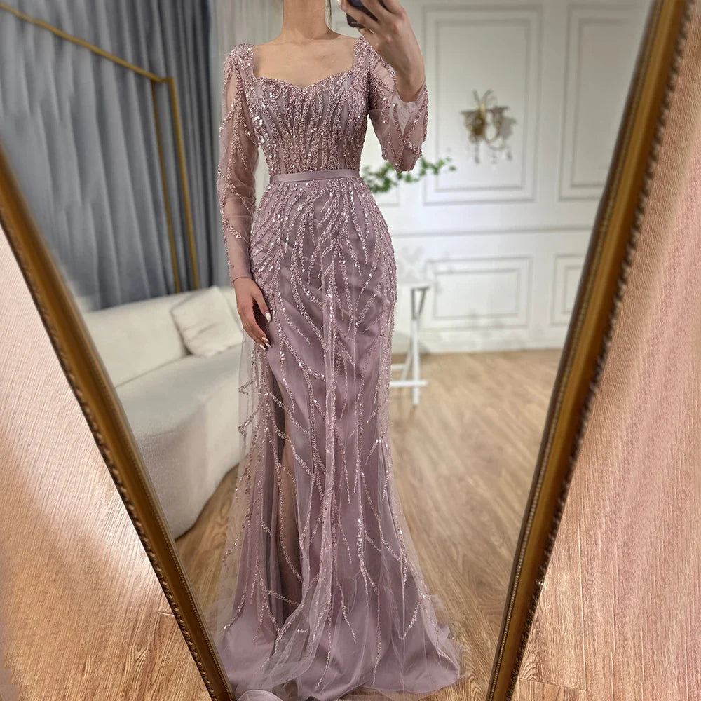 Vestidos de noche largos de lujo de Dubái, con abertura alta, color rosa árabe y cuentas, para mujer, para fiesta de bodas 2025 LA71917