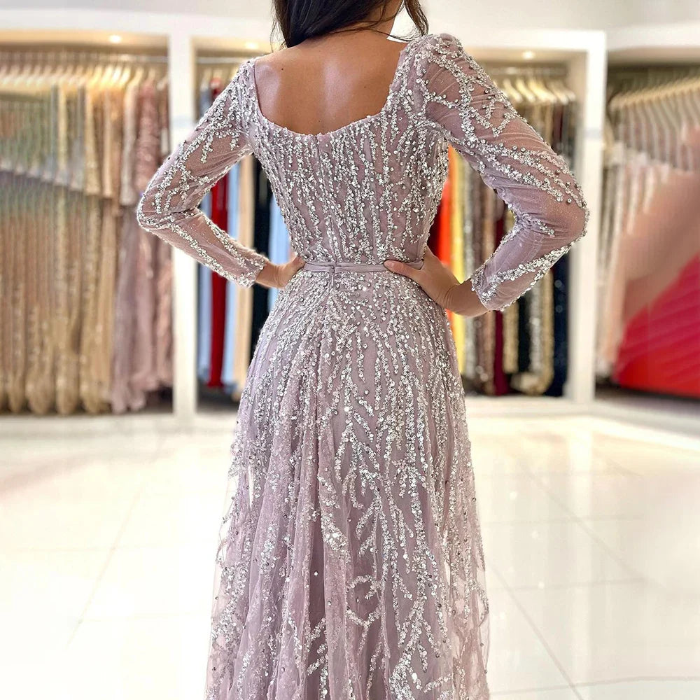 Vestidos de noche largos de lujo de Dubái, con abertura alta, color rosa árabe y cuentas, para mujer, para fiesta de bodas 2025 LA71917