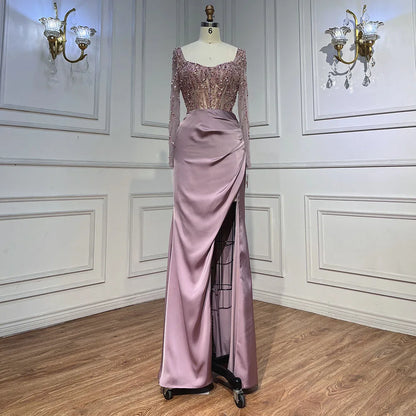 Vestidos de noche largos de lujo de Dubái, con abertura alta, color rosa árabe y cuentas, para mujer, para fiesta de bodas 2025 LA71917