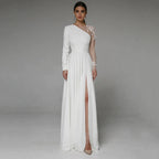 Asymmetrical Side Slit Wedding Dress Long Sleeve Civil Bridal Gown Party For Bride Button Applique Floor Length Свадебное платье-payinti