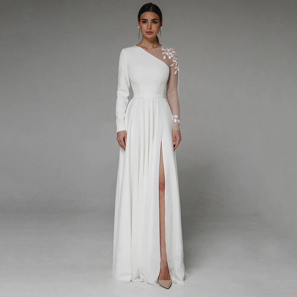 Asymmetrical Side Slit Wedding Dress Long Sleeve Civil Bridal Gown Party For Bride Button Applique Floor Length Свадебное платье-payinti