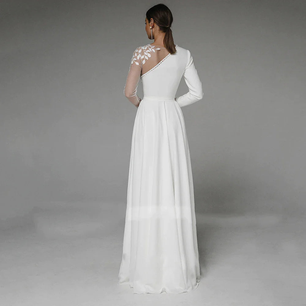 Asymmetrical Side Slit Wedding Dress Long Sleeve Civil Bridal Gown Party For Bride Button Applique Floor Length Свадебное платье-payinti