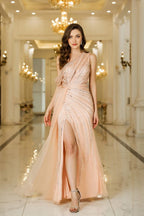 Asymmetrisches Ballkleid mit Perlenbesatz aus Tüll und Seitenschlitz, ärmellos, bodenlang, für besondere Anlässe