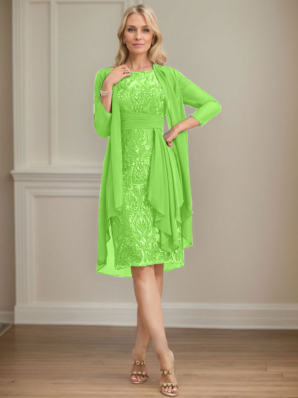 Vestido de madre de la novia de gasa con encaje, escote redondo, ilusión, largo hasta la rodilla, con volantes en cascada y lentejuelas