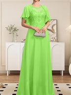 Vestido de gasa con encaje y lentejuelas para madre de la novia, corte A, escote ilusión, largo hasta el suelo