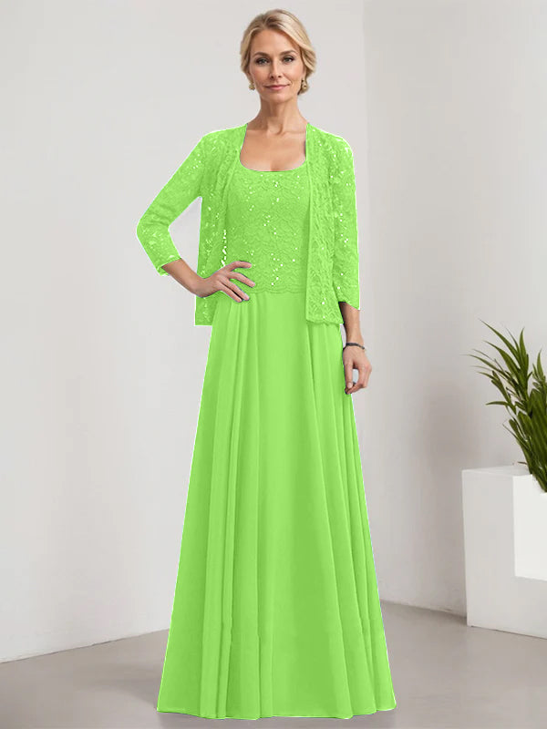 Vestido de madre de la novia de gasa con encaje, corte A, largo hasta el suelo, cuadrado y lentejuelas