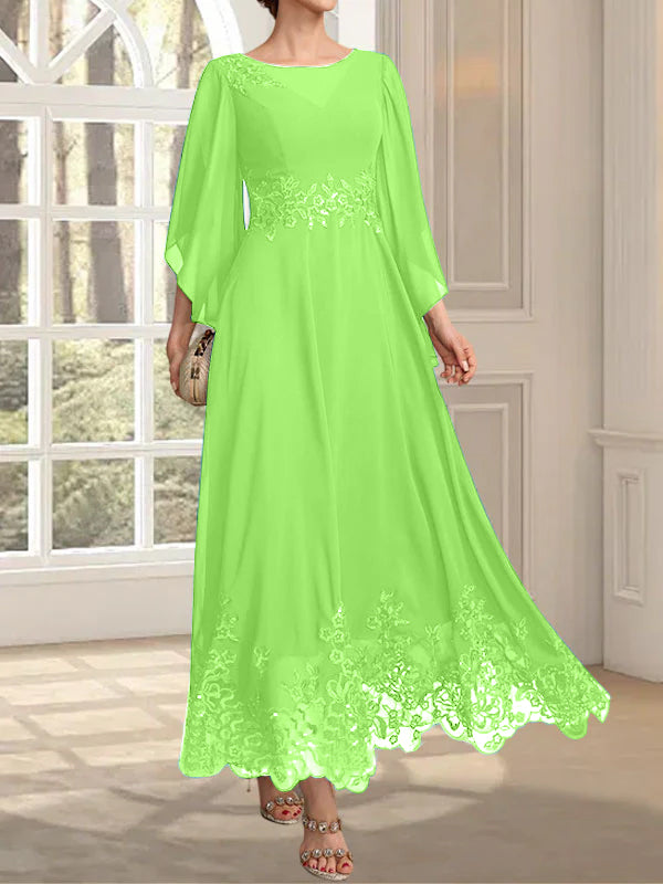 Vestido de gasa con encaje y lentejuelas para madre de la novia, corte A, escote ilusión, largo hasta los tobillos