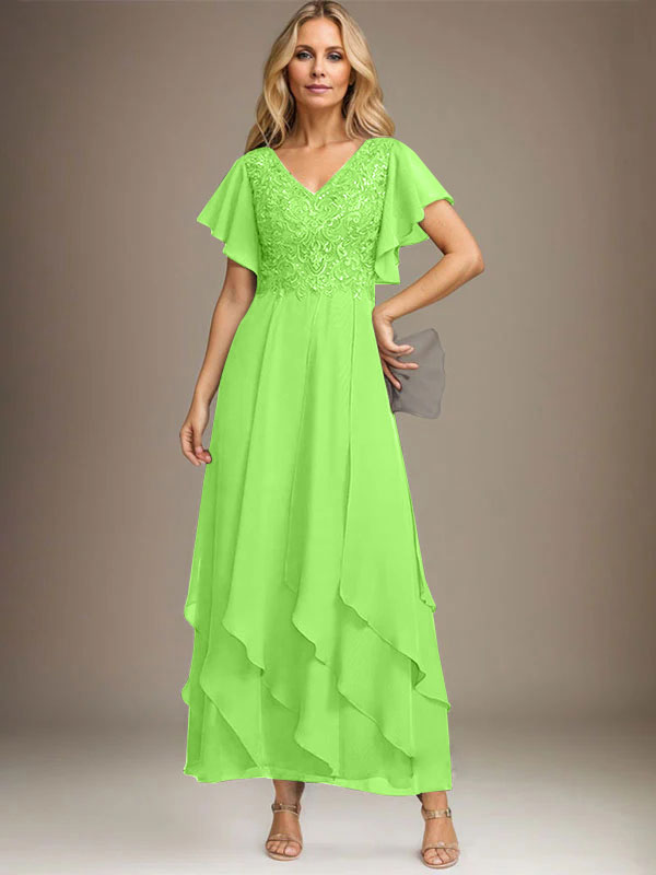 Vestido de gasa con encaje y escote en V hasta los tobillos para madre de la novia con volantes en cascada