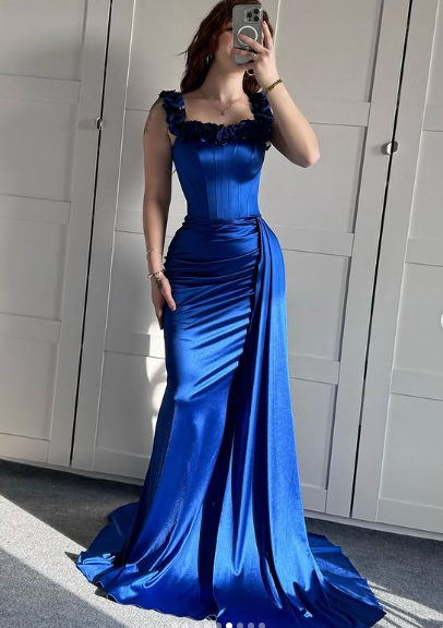 Blaues schulterfreies Meerjungfrau-Abendkleid, formelles Ballkleid Y7842