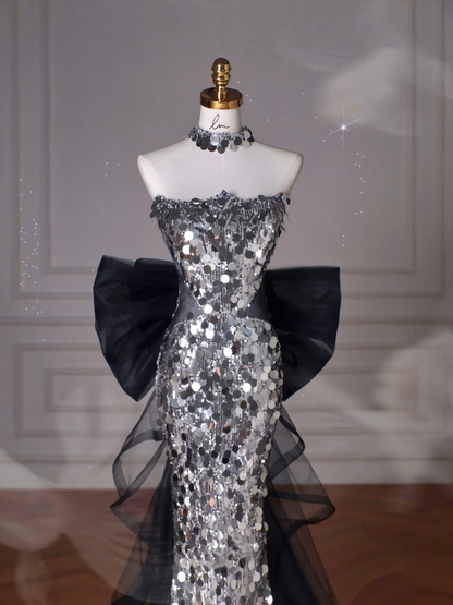 Schwarzes Glitzer Pailletten Tüll Meerjungfrau Ballkleid Trägerloses Abendkleid mit Schleife Y8615