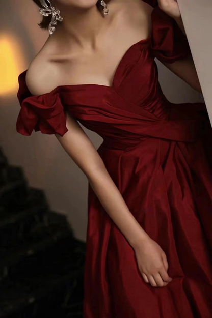 Burgunderrotes langes Satin-Ballkleid, A-Linien-Abendkleid Y1658