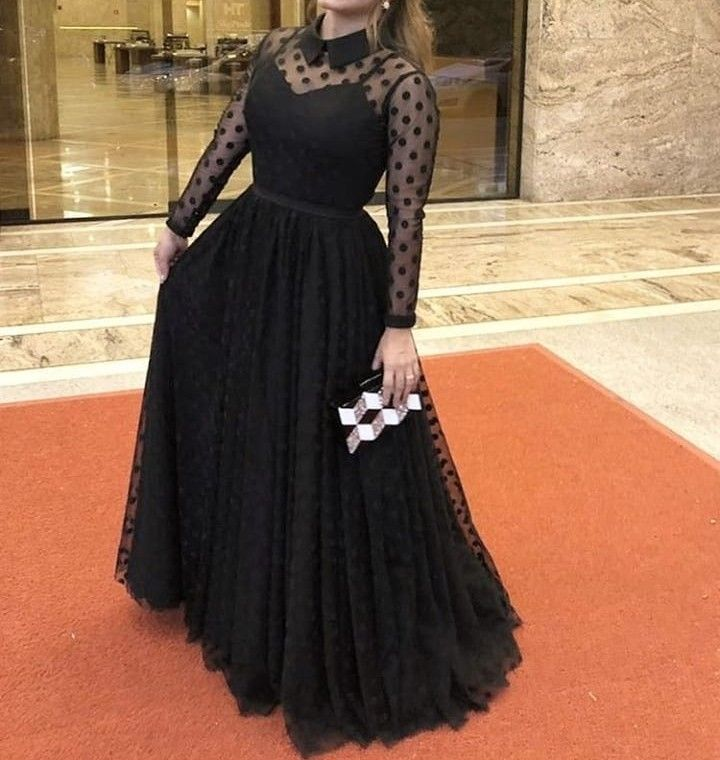 Vestido de fiesta negro de corte A y manga larga, vestido de noche negro Y5691