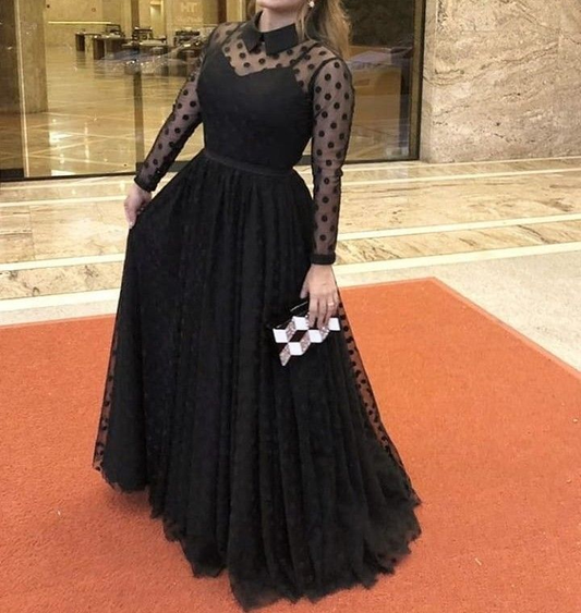 Vestido de fiesta negro de corte A y manga larga, vestido de noche negro Y5691