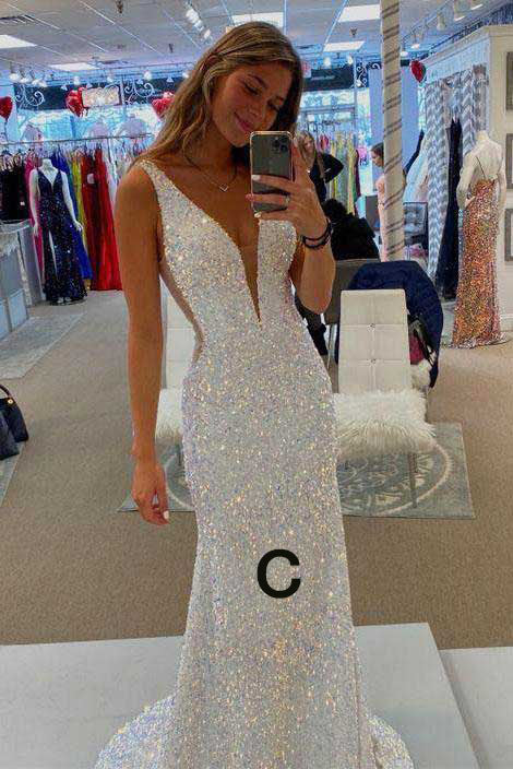 Glitzerndes Meerjungfrau-Abendkleid mit Spaghettiträgern und weißen Pailletten Y8071