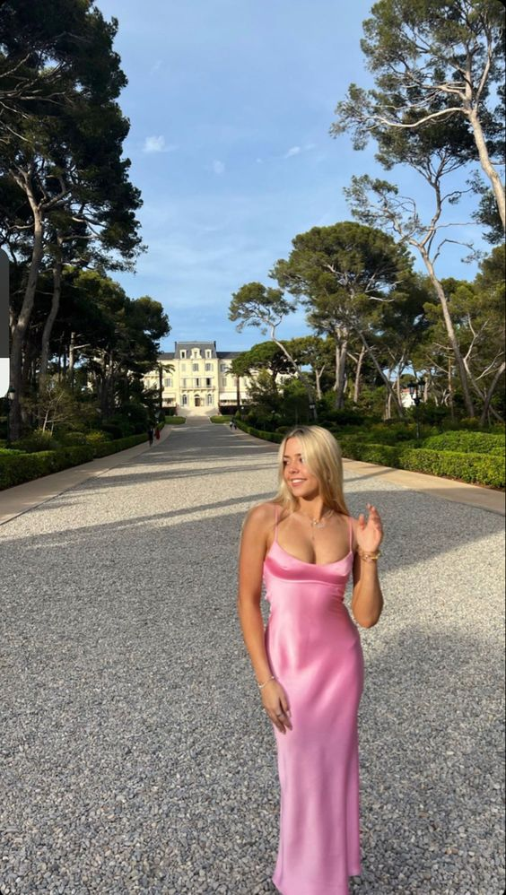 Vestido de fiesta largo de sirena rosa, vestido de noche largo con tirantes finos rosa Y1959