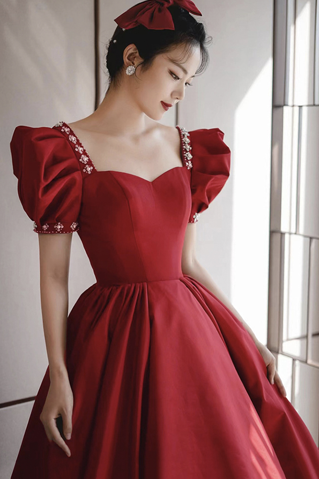 Burgunder Satin langes Ballkleid A-Linie Abendkleid Y1169