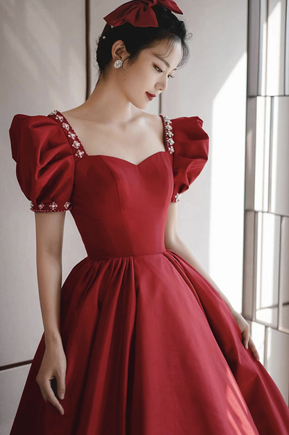Burgundy satin long prom dress A line evening dress Y1169