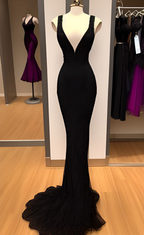 Charmantes schwarzes Träger-Etuikleid mit V-Ausschnitt, schwarzes Abendkleid Y4389