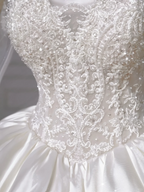 Hermoso vestido de novia de satén blanco con apliques de encaje, corte A, vestido de fiesta formal Y8607