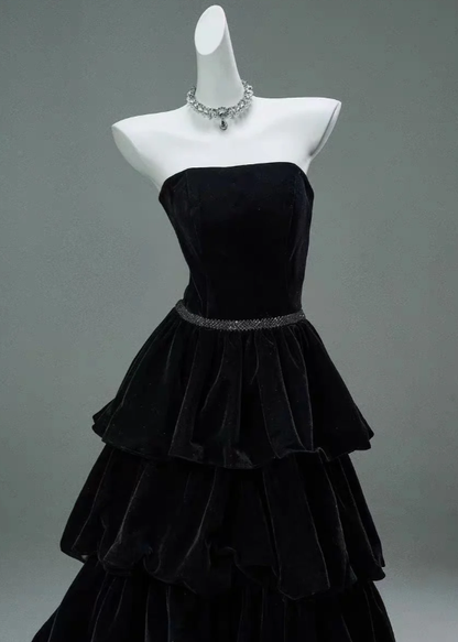 Chic Black A-line Layered Evening Dress Black Strapless Evening Gown Y4378