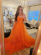 Vestido de noche de tul naranja con tirantes finos, vestido de fiesta sexy Y1243