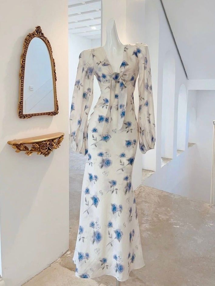 Elegante vestido de fiesta de gasa con estampado floral y rosas en azul hielo, vestido de noche largo estilo sirena Y8407