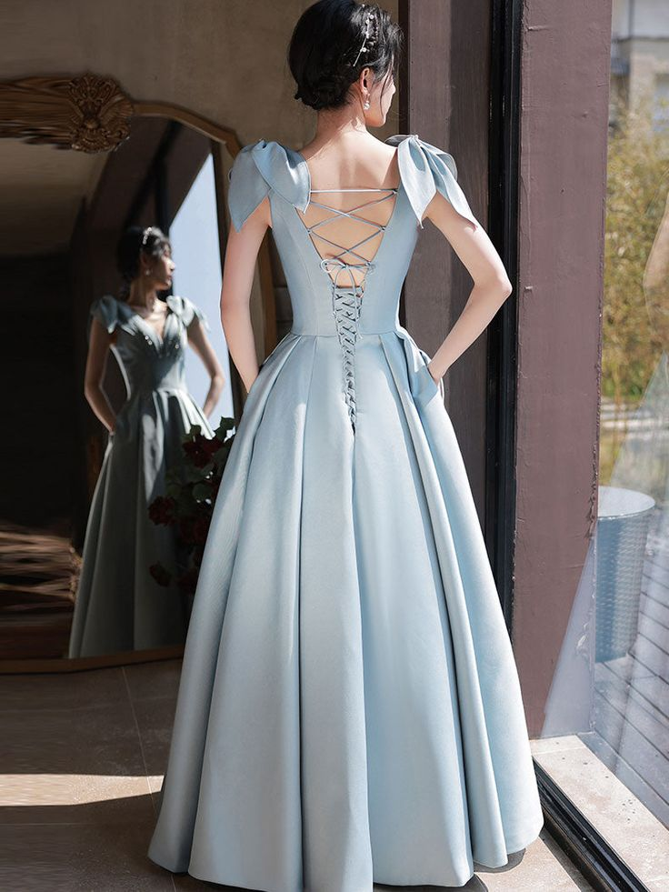 Vestido de fiesta largo de satén con escote en V azul Vestidos de noche de satén azul Y4780