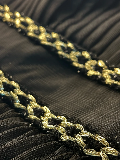 Hermoso vestido de fiesta de tul negro con plumas de seda doradas, corte A, vestido de noche formal Y8652