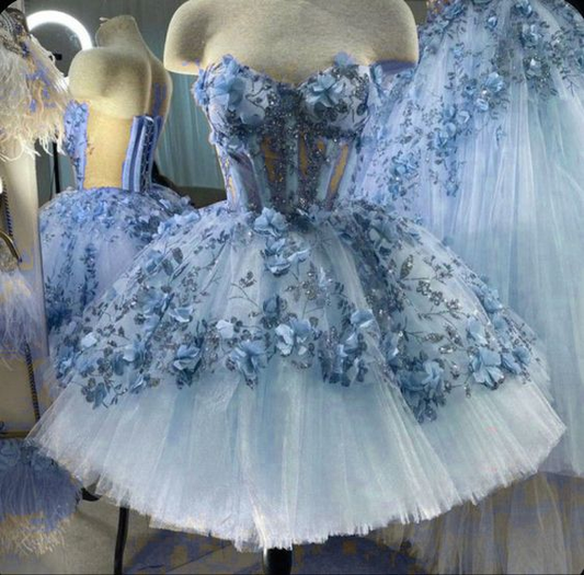 Vestido corto de tul azul con flores 3D para fiesta de bienvenida Y38