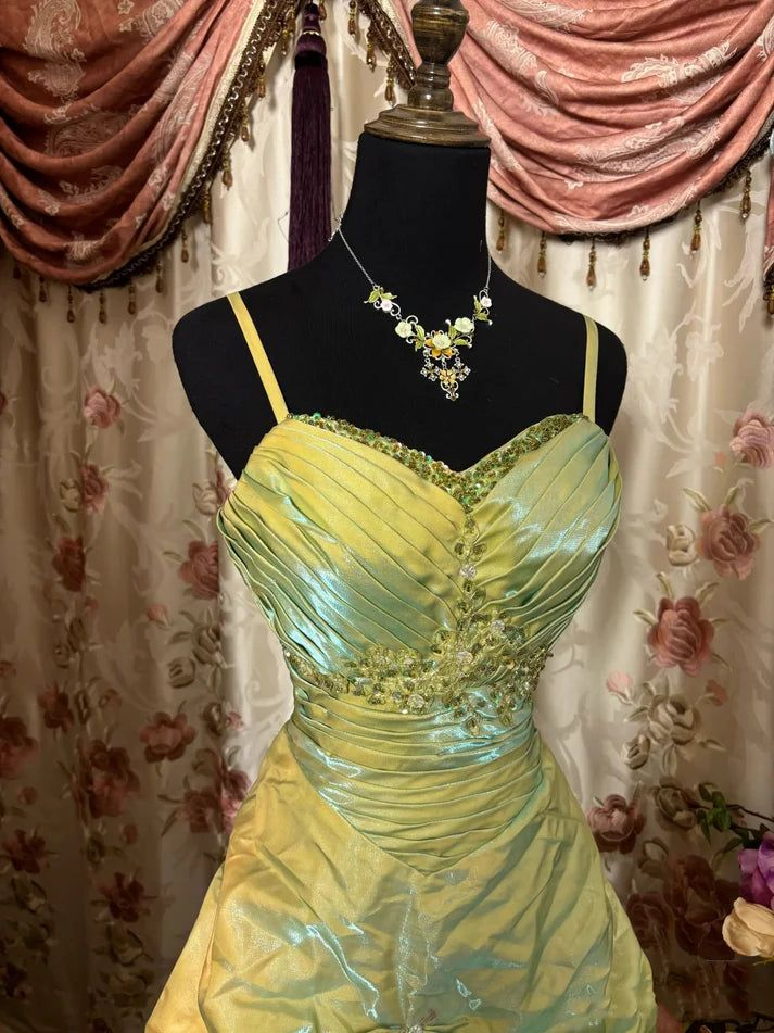Vestido de fiesta largo de satén con tirantes finos, corte A, verde salvia, estilo vintage, con cuentas, Y8517