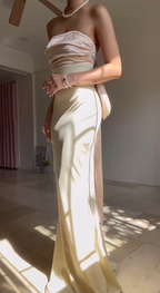 Vestido de noche largo tipo sirena, elegante, sin tirantes y con lazo Y8499
