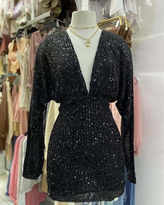 Schwarzes Pailletten-Heimkehrkleid mit tiefem V-Ausschnitt Y2580