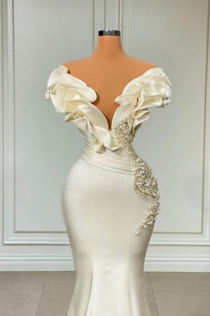 Vestido de novia blanco generoso con volantes de perla Y1747