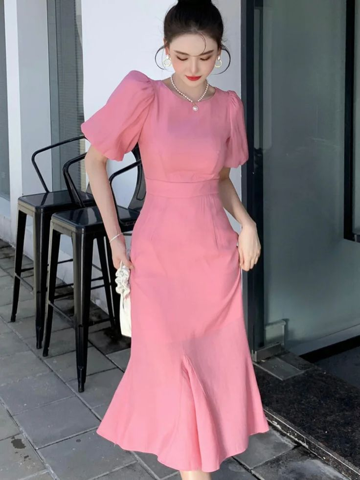 Vestido de fiesta rosa elegante con mangas abullonadas y largo medio, vestido de noche rosa Y7113