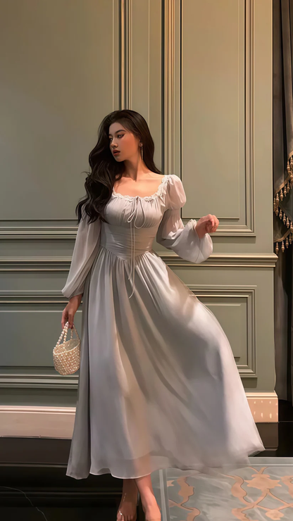 Graues Chiffon-Partykleid mit langen Ärmeln und Spitze, elegantes Abschlussball-/Abendkleid Y8021