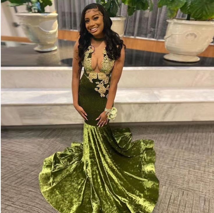 Vestido de fiesta africano para chica negra, con apliques de terciopelo, escote en V profundo, sexy, estilo sirena, para fiesta de graduación, Y6345