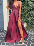 A-Linie V-Ausschnitt Burgunderrot Lange Ballkleider, Burgunderrot Lange Abendkleider Y233