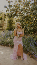 Atemberaubendes rosa Meerjungfrau-Ballkleid mit Schlitz, rosa Abendkleid Y5487