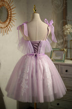 Lindos vestidos de fiesta cortos de princesa con cordones y sin mangas de color morado