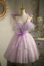 Lindos vestidos de fiesta cortos de princesa con cordones y sin mangas de color morado