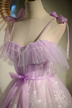 Lindos vestidos de fiesta cortos de princesa con cordones y sin mangas de color morado