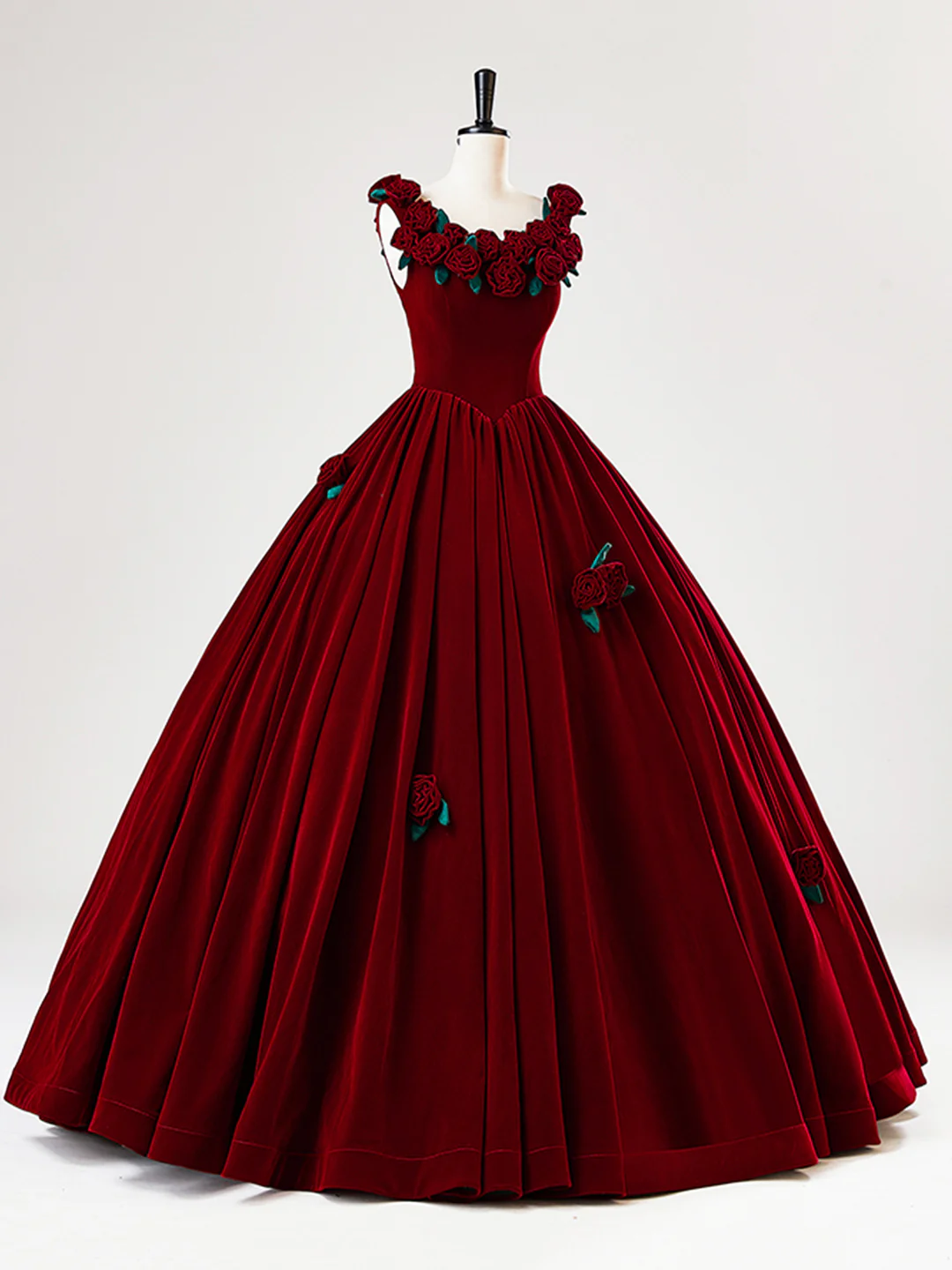 Wunderschönes burgunderrotes Quinceanera-Kleid aus Samt mit Rosenblüten Y7750