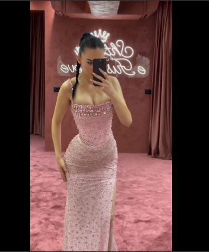 Vestido de noche con cuentas y corte sirena rosa, encantador, con tirantes finos y abertura, largo para fiesta de graduación Y7970