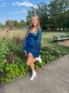 Vestido ajustado con lentejuelas azules y mangas acampanadas para el regreso a casa Y6270