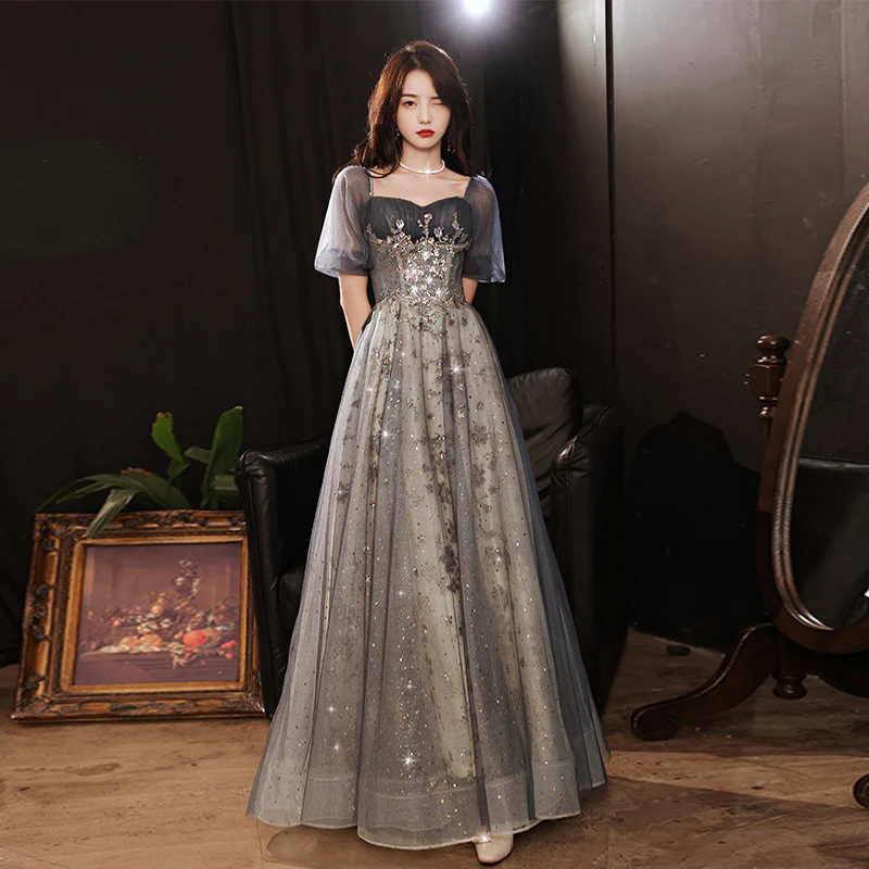 Elegante vestido de fiesta largo de tul gris con mangas cortas y corte en A, vestido de noche gris Y1507