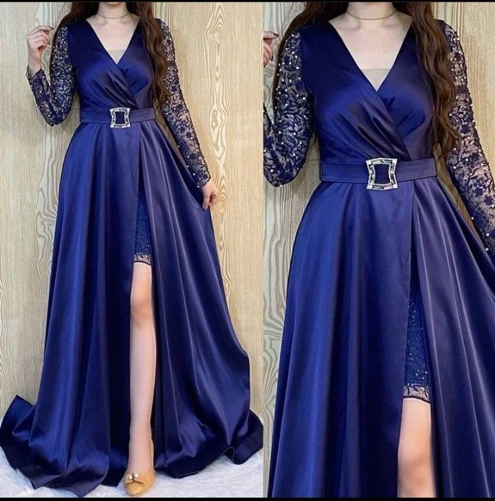 Elegante vestido de noche con escote en V, manga larga y corte A Y5786