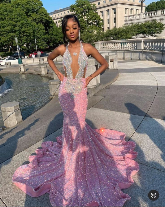 Funkelnde rosa Ballkleider, Sexy Pailletten Meerjungfrau rosa Ball Festzug Abendkleid Y477