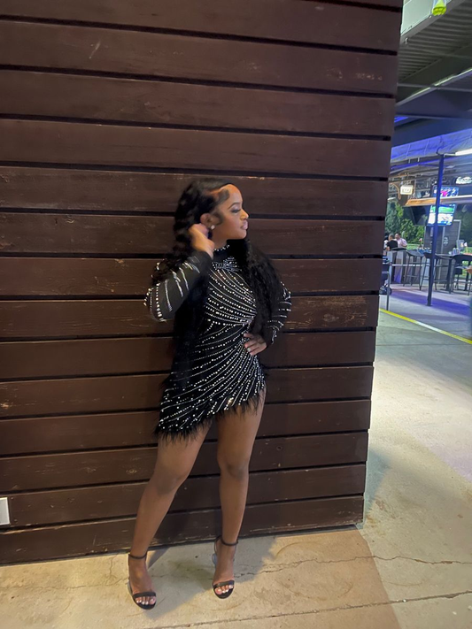 Vestido de fiesta negro con mangas largas y diamantes de imitación, vestido de fiesta negro para cumpleaños Y2526