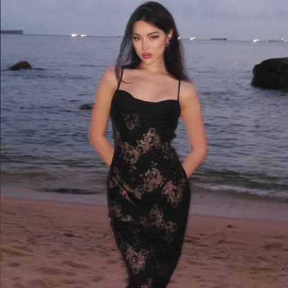 Sexy Schwarze Spitze Langes Ballkleid Spaghettiträger Party Abendkleid Y8001