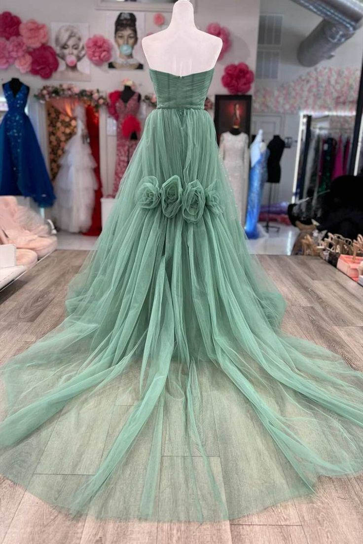 Green Strapless Floral Long Prom Dresses Green Formal Dresses Green Tulle Evening Dresses Y4640